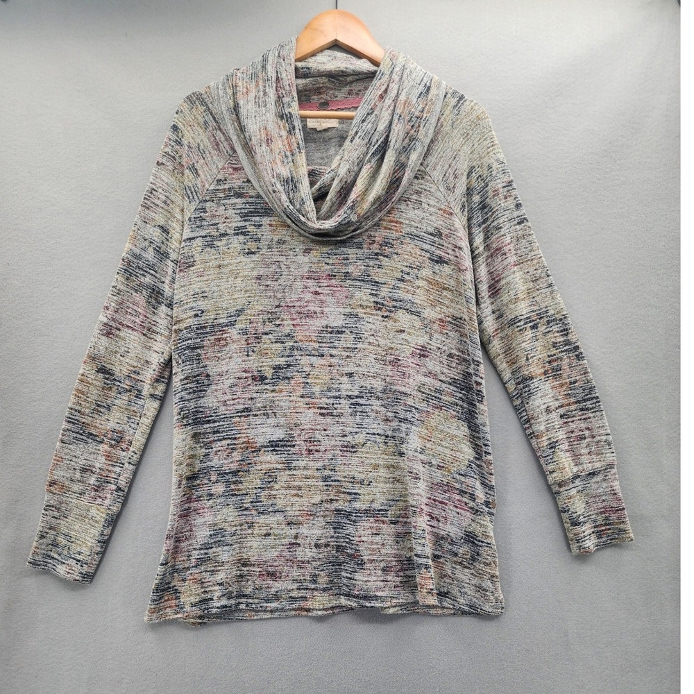 Cupio Blush Womens Large Floral Cowl Neck Long Sleeve Knit Top Grey Multi‎ Color